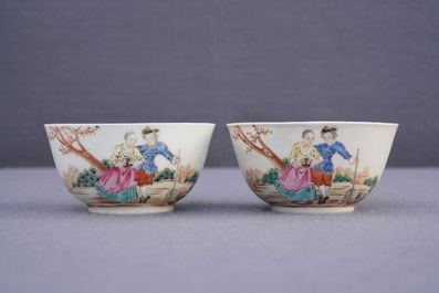 Two fine Chinese famille rose 'European subject' cups and saucers, Qianlong